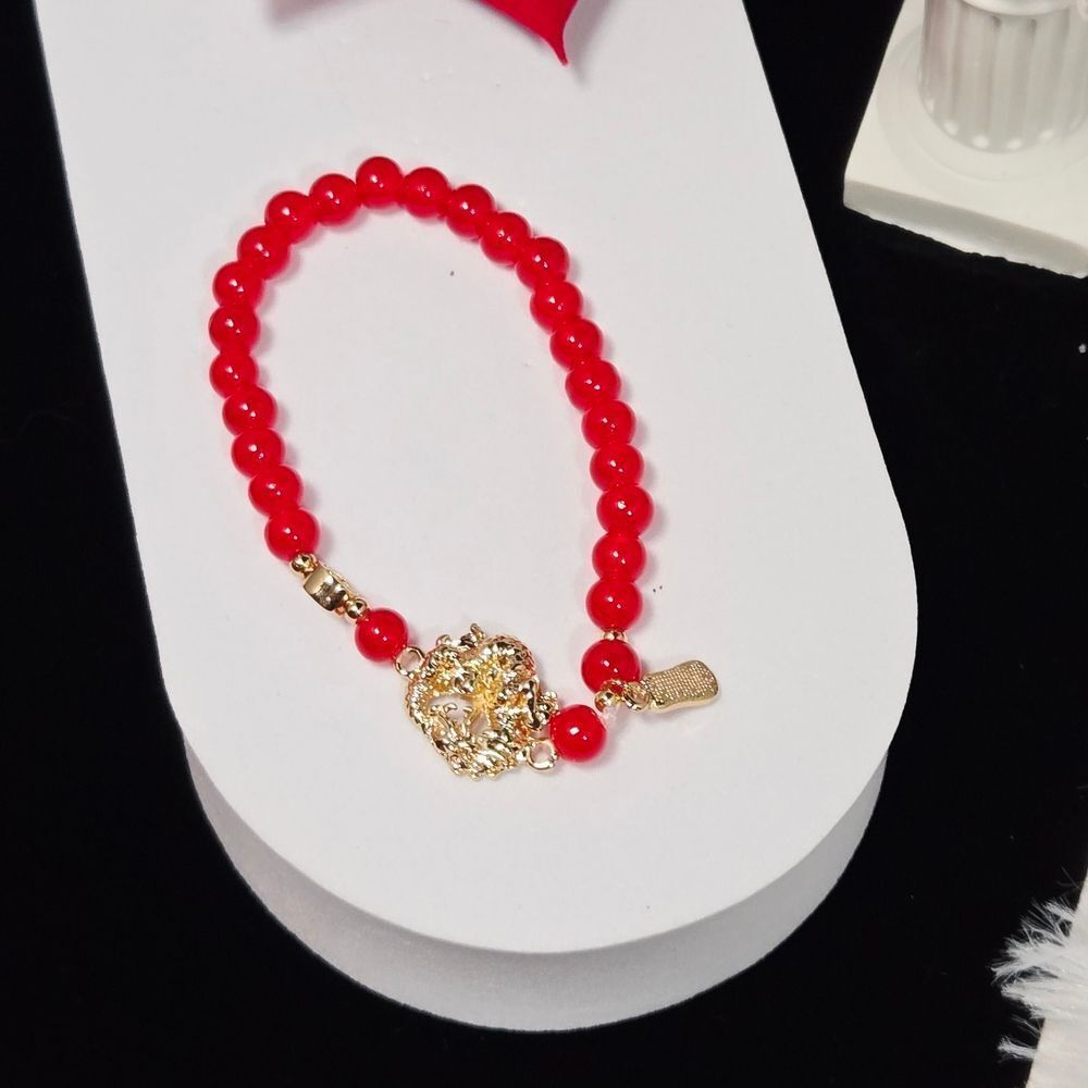 Red Glass Beaded Pixiu Dragon Bracelet – Feng Shui Wealth Charm Medallion Gift